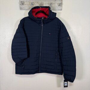 Tommy Hilfiger Men's Midnight Navy TH Flex Quilted Puffer Hooded Jacket NWT$195
